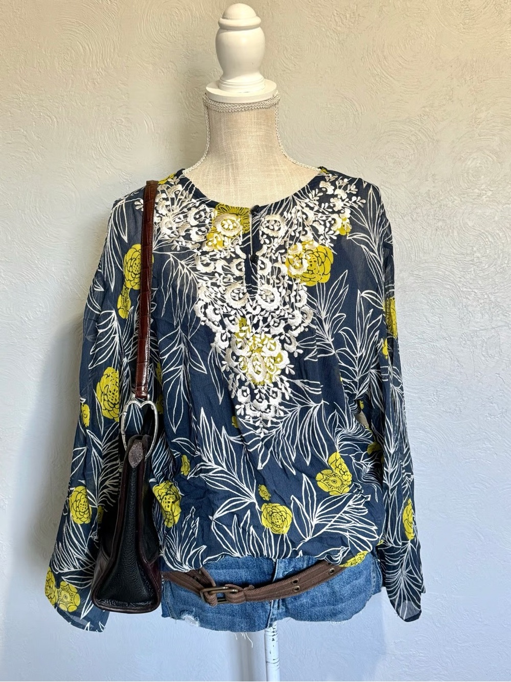 Boho Floral Embroidered Navy and Yellow Women's Top